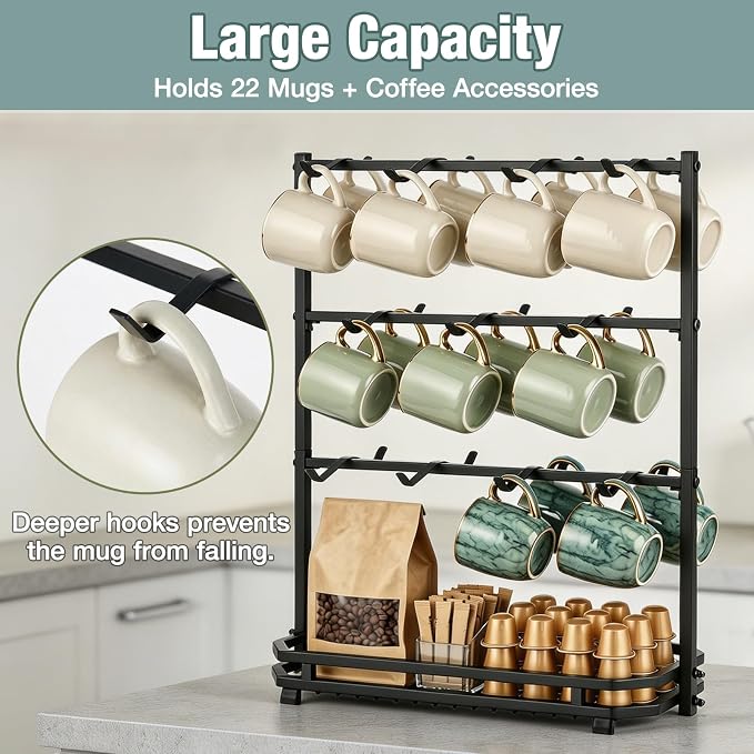 Coffee Mug Holder for Countertop, 22 Hooks 3 Tier Mug Tree Holder Rack - Image 3