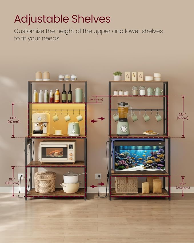 VASAGLE Coffee Bar with LED Lights, Kitchen Bakers Rack with Power Outlet - Image 3