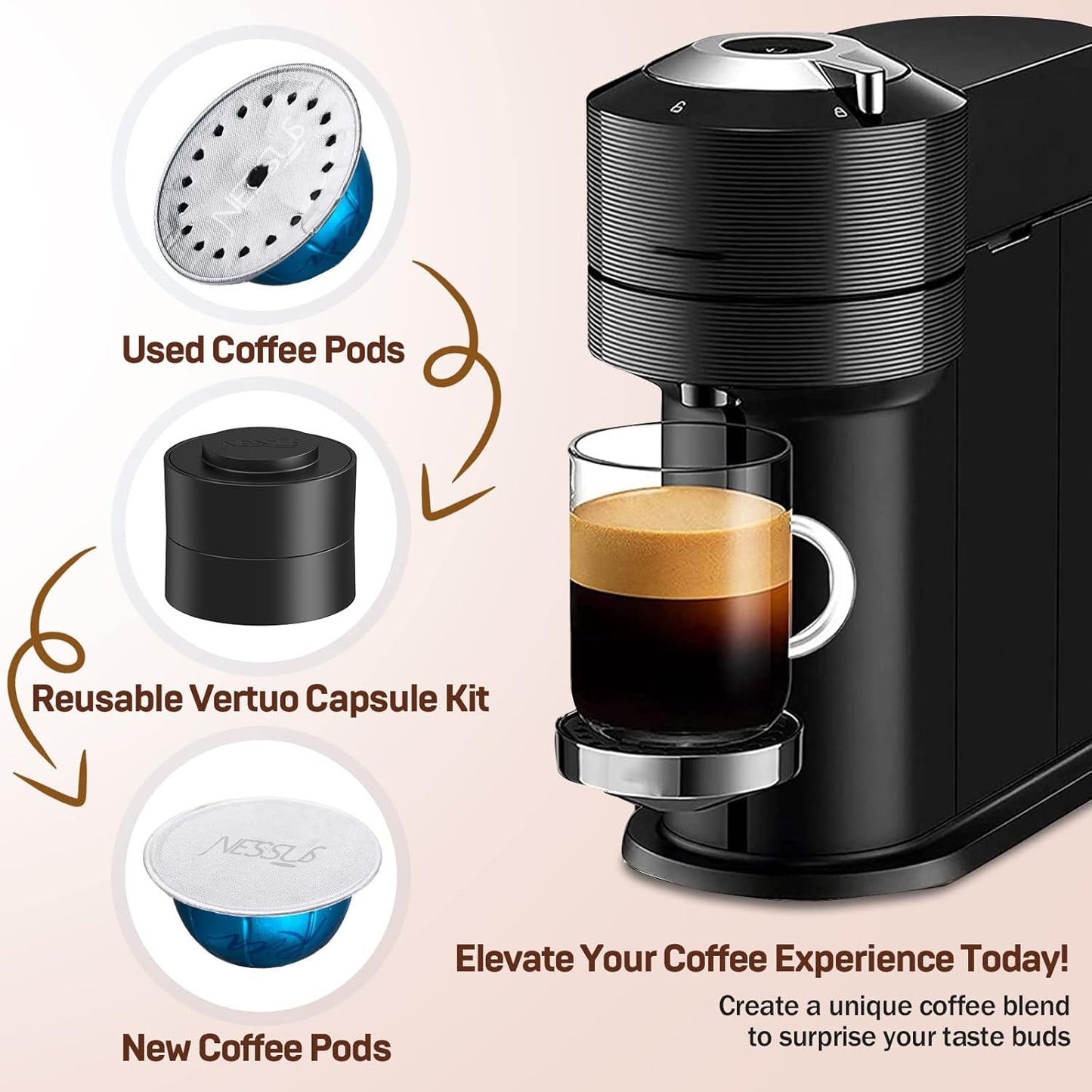 Nessus Reusable Kit for Nespresso Pods Vertuo, Reuse Old Coffee Pods for Nespresso Vertuo: 100 Pcs Aluminum Foil Seal Lid, Holder, Brush, Refillable Vertuo Plus Next Capsule Machine