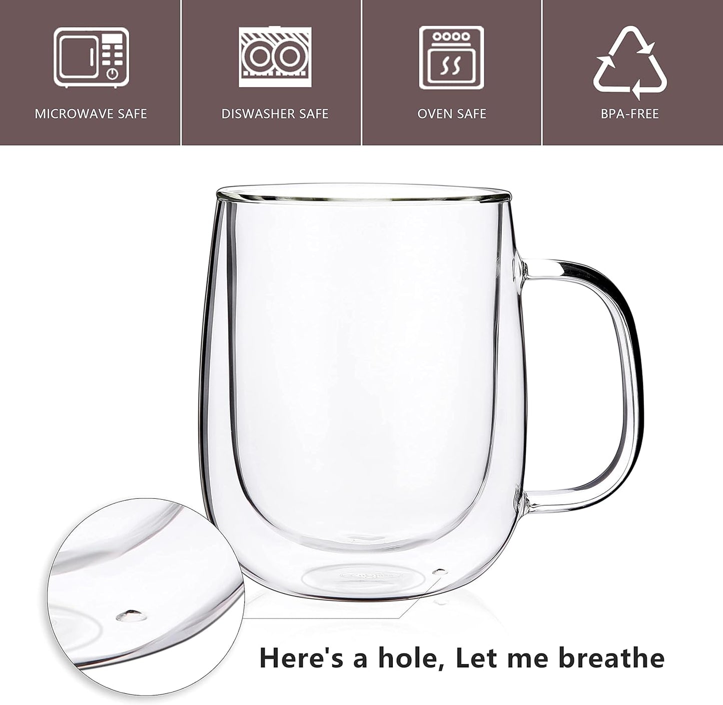 CNGLASS Glass Coffee Mugs 12oz,Double Wall Insulated Mug Set with Handle,Clear Glass Espresso Mugs for Latte,Cappuccino,Tea Bag,Hot and Cold Beverages,Set of 2