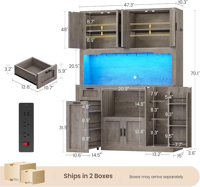 Itaar 71" Pantry Cabinet with Charging Station and LED Light, Kitchen Pantry - Image 2