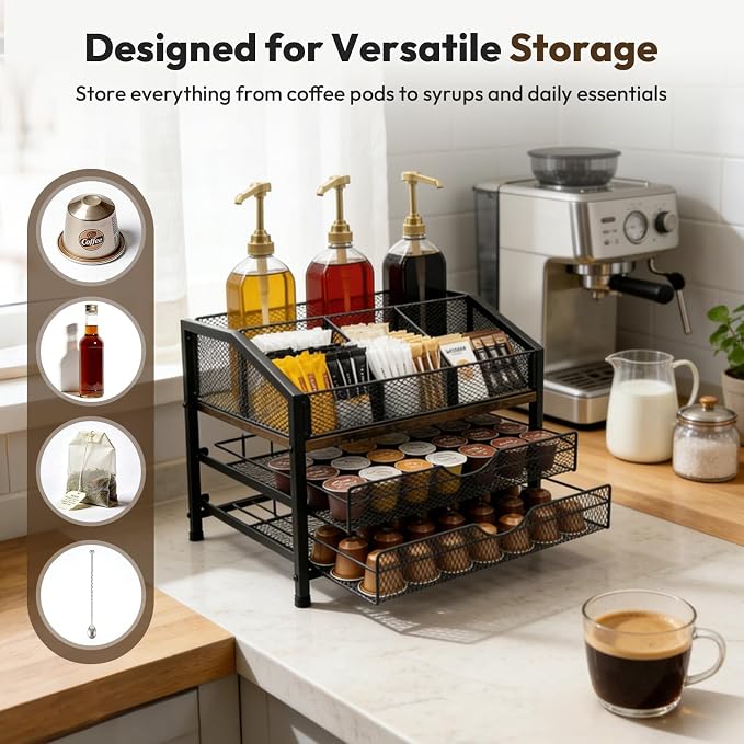 Coffee Bar Organizer with 3 Syrup Pumps, 3-Tier Coffee Station Organizer - Image 3