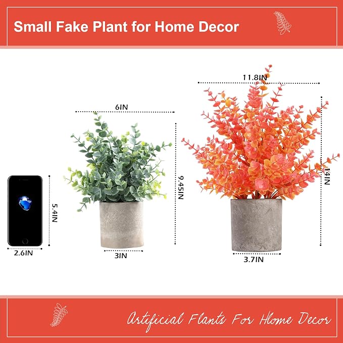 Coferset 2 Pack Fall Small Fake Plants 14" Eucalyptus Potted Artificial Plants - Image 7