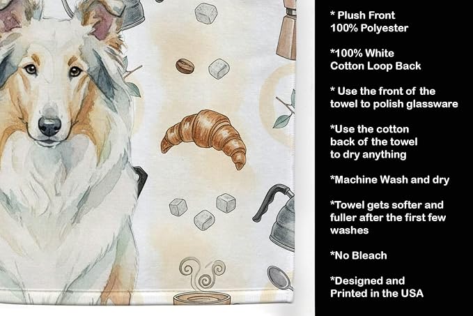 Caroline's Treasures White Collie Coffee Bar Kitchen Towel Velour Plush Front - Image 4