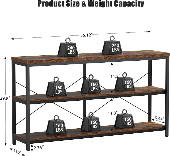 3-Tier Industrial Bookshelf, Wide Wood Horizontal Bookcase, Open Large Book - Image 3