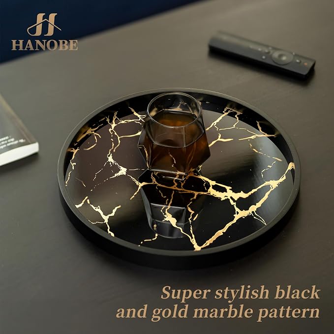 Hanobe Decorative Tray for Home Decor: Black Imitation Marble Round Serving - Image 2