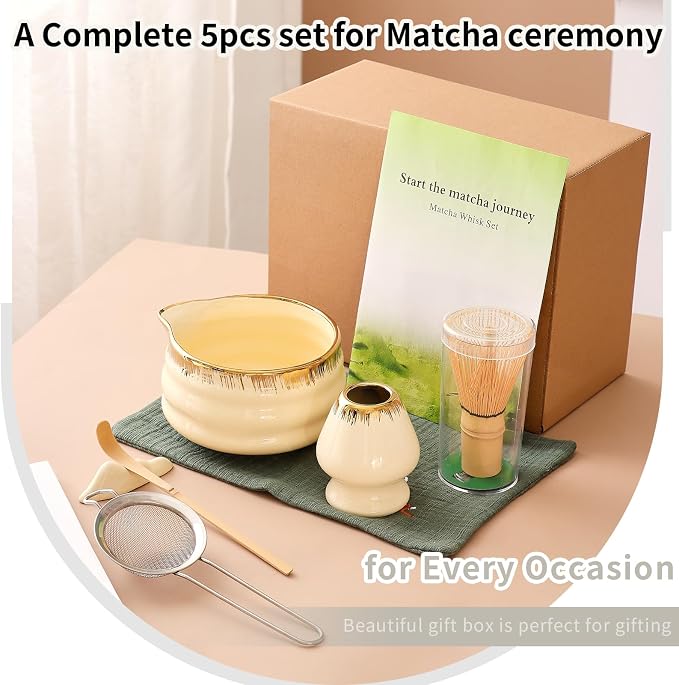 7-Piece Matcha Whisk Set – Yellow Spouted Ceramic Bowl - Image 2