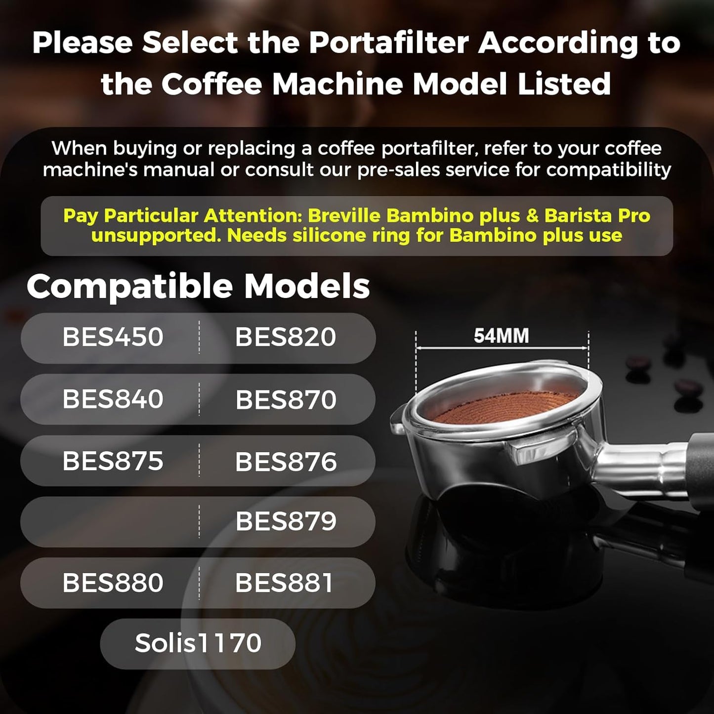IKAPE Espresso 54mm Portafilter, Coffee Portafilter with Silicone Handle, Fits 54mm Breville Barista Series BES870/878/880 Machine & Solis Barista Machines, with16g Capacity Filter Basket