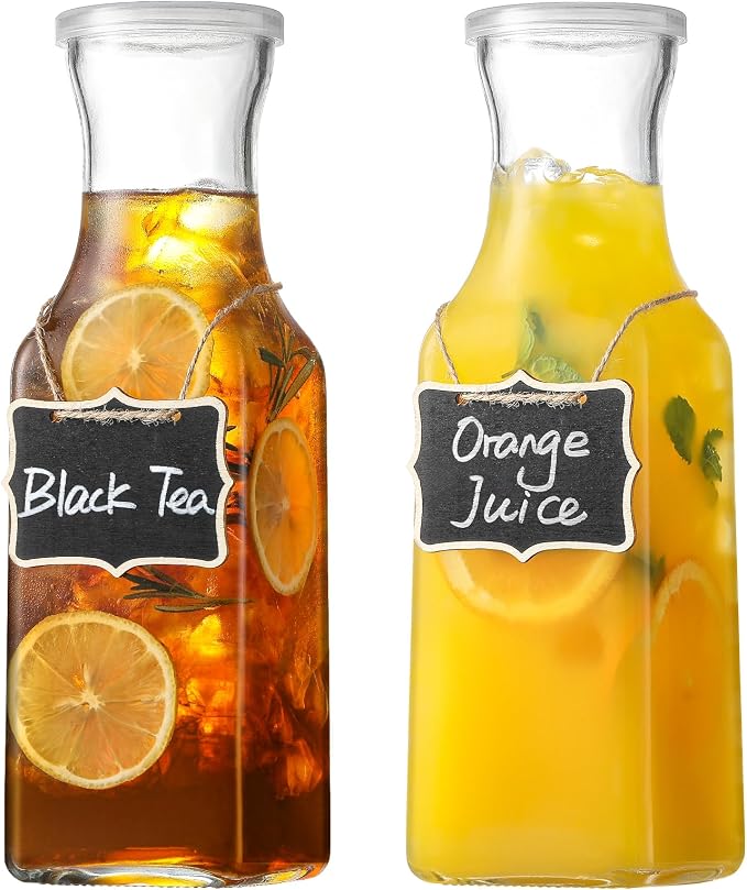 Set of 2 Square Glass Carafe, 1 Liter Clear Glass Pitcher by NETANY