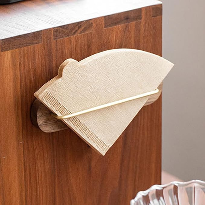 Coffee Filter Paper Holder Wall Mount Stand, Walnut Brass Storage Rack - Image 2