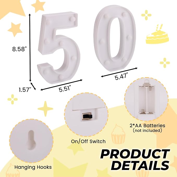 50th Birthday Decoration Light Up Letters, Battery Powered LED Numbers Marquee - Image 2
