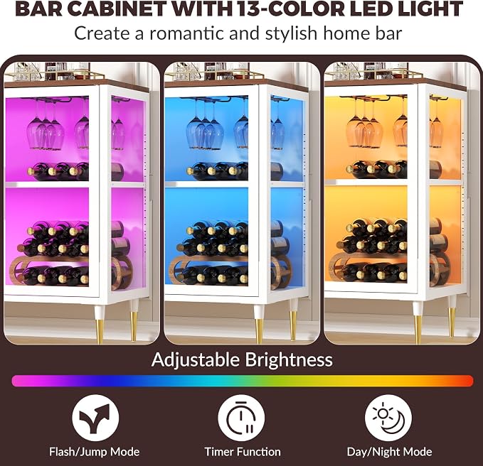 Wine Bar Cabinet with LED Lights, Metal Wood Home Coffee Bar Cabinet with Glass - Image 5