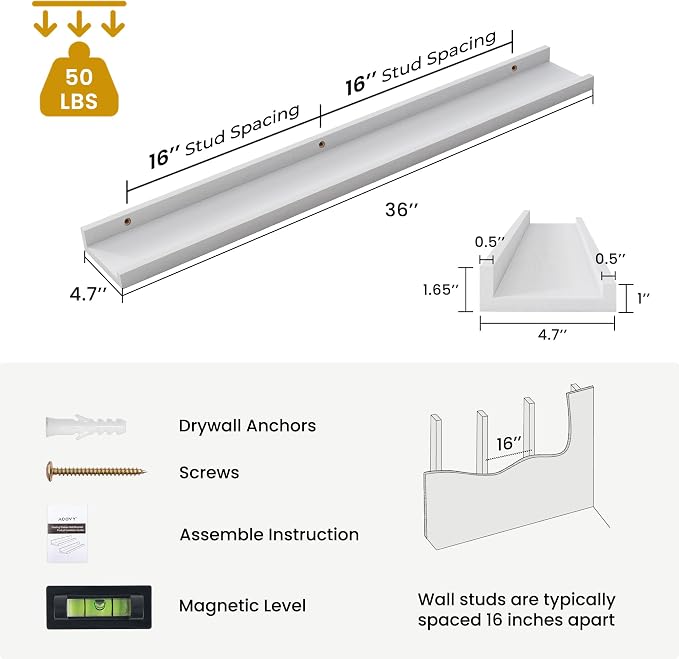 Acovy Solid Ash Wood Picture Ledge Shelf, 36 Inch Floating Shelves - Image 2