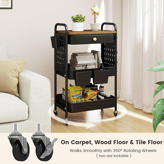 danpinera 3-Tier Rolling Cart, Metal Rolling Storage Cart - Image 5