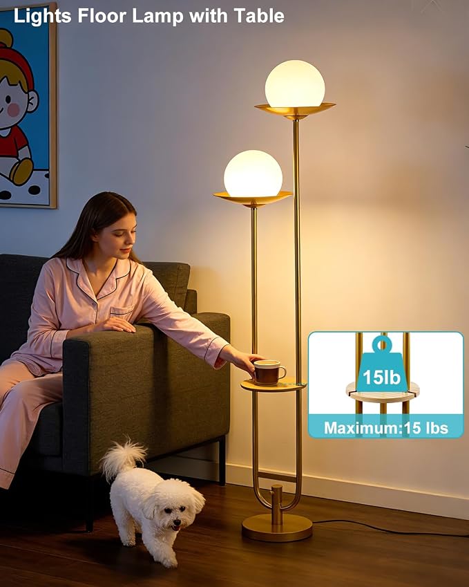 Lightdot 63IN Gold Floor Lamp 2 Globe Mid Century Standing Lamps Dimmable - Image 5