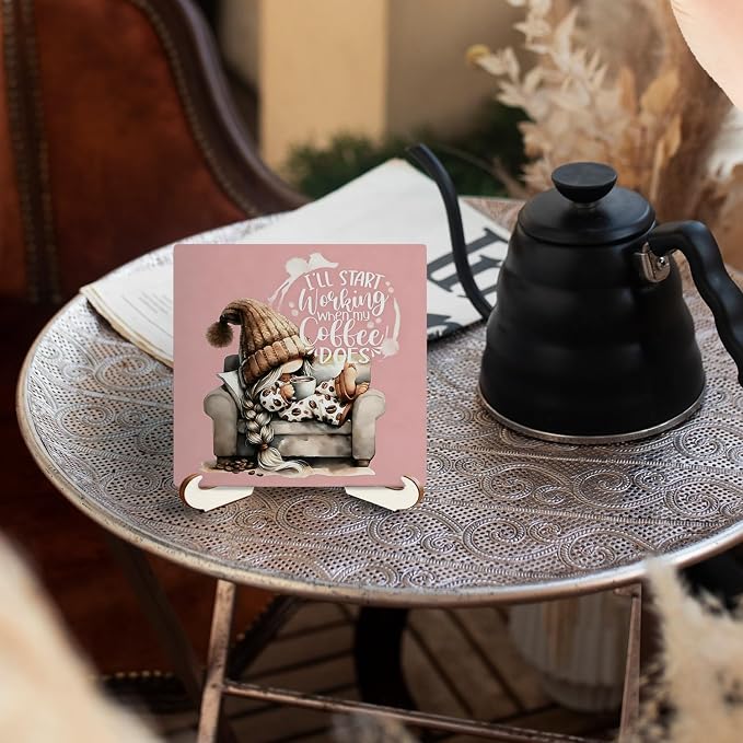 Funny Gnome Coffee Bar Wooden Desk Decor Sign 5x5 Inch, I'll Start Working When - Image 4