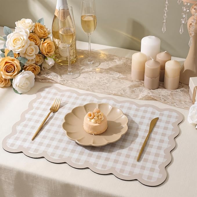 Scalloped Gingham Coffee Mat 12" x 20" Absorbent Coffee Bar Mat Brown Gingham - Image 6