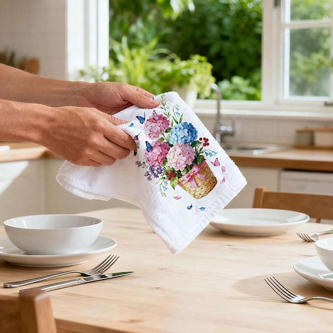 CUTHOLLOW Hydrangea and Hummingbirds Decorative Kitchen Towels Set of 4 - Image 6