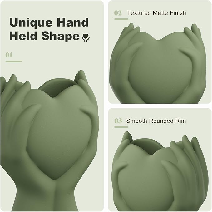 8 Inch Heart Hand Green Ceramic Vase - Image 5