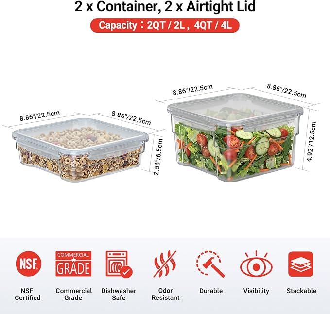 2 Pack Airtight Commercial Food Storage Container Set, Includes 2 QT & 4 QT - Image 2