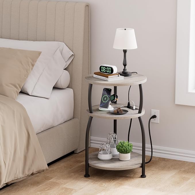 Round Side Table with Power Outlet & USB Ports, 3-Tier End Table with Storage - Image 5