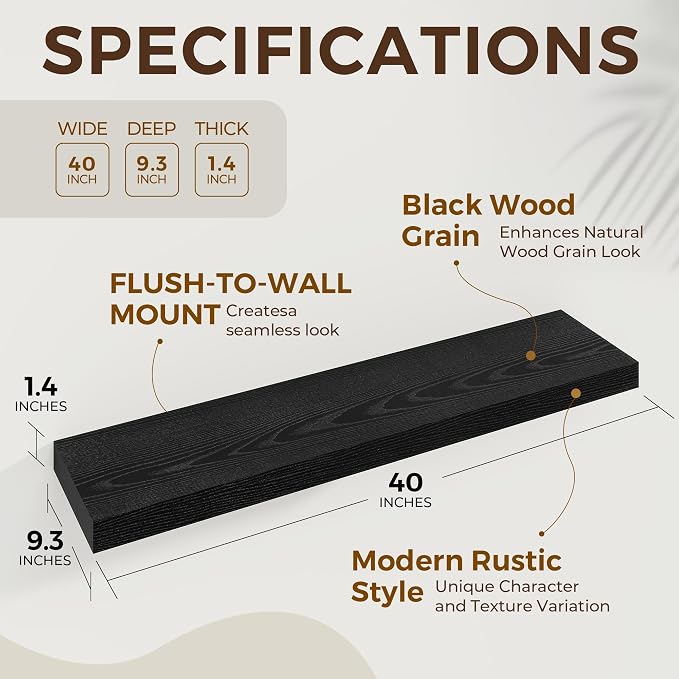 Dreamland 40 Inch Long Floating Shelves in Black, 9.3 Inch Deep Floating Shelf - Image 5
