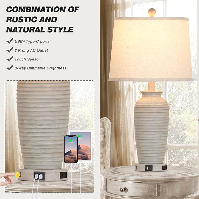 CINSARY 25" Farmhouse Jar Table Lamps Set of 2, 3 Way Touch Control Rustic - Image 4