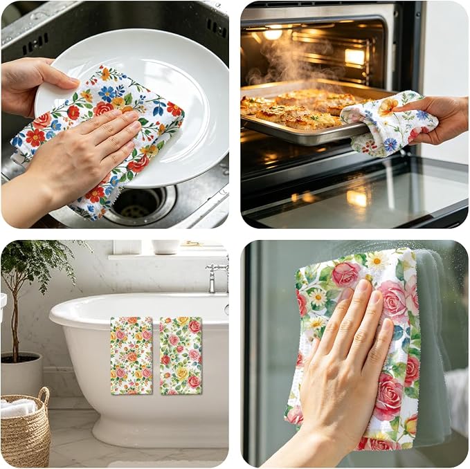 MAYJOYDIY 4 Pcs Vibrant Flowers Kitchen Towels Roses Daisy Wildflowers - Image 7