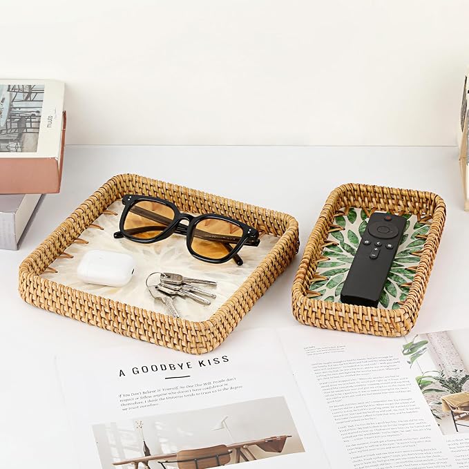 Decorative Key Basket Tray fot Entryway Table Woven Rattan Tray - Image 8