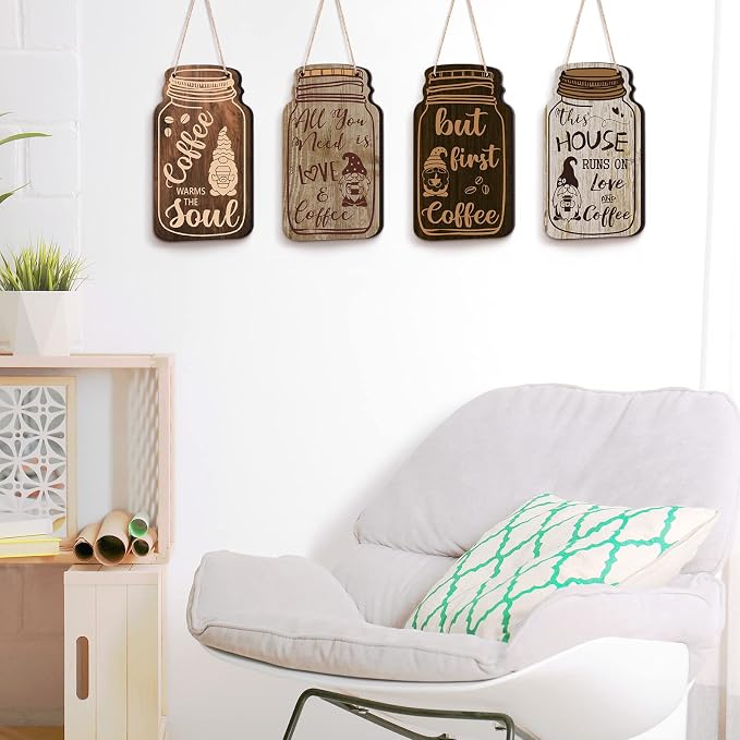 Jetec 4 Pcs Coffee Bar Decor Mason Jar Wood Sign Wall Hanging Plaque But First - Image 5