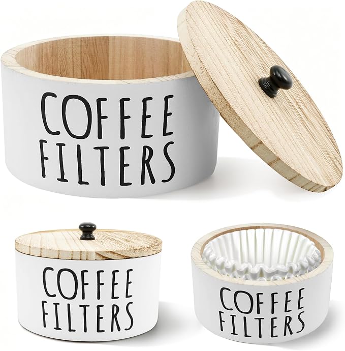 Coffee Filter Holder with Bamboo Lid, Large Capacity Wood Coffee Filter Storage by FALESOUL