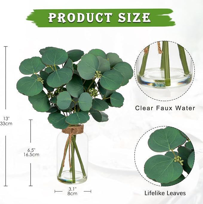Briful Artificial Eucalyptus Stems in Clear Glass Vase - Image 2