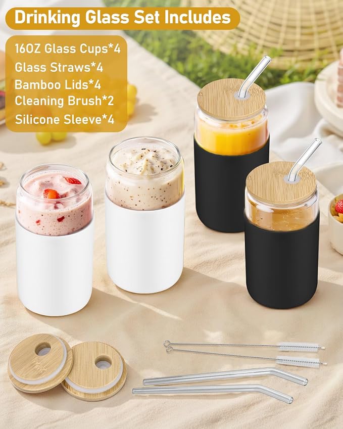 sungwoo Glass Cups with Lids and Straws, 4 Pack 16OZ Iced Coffee Cups with - Image 2