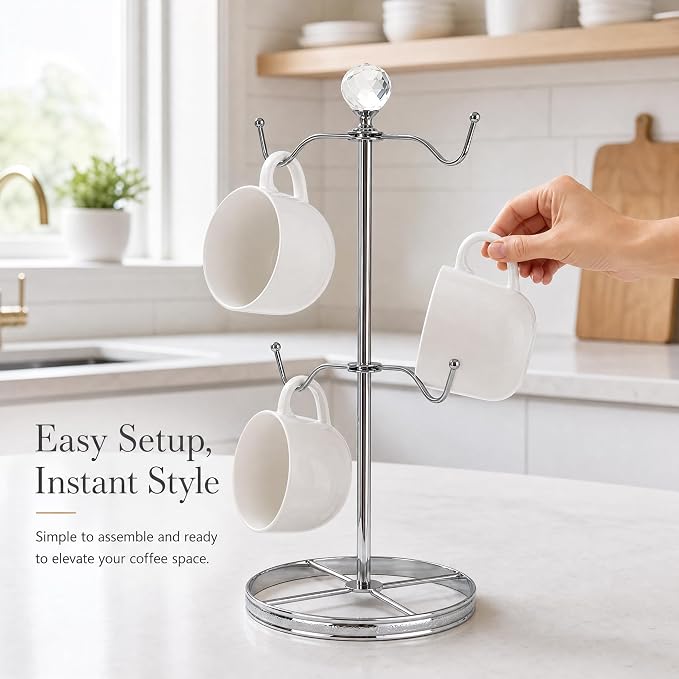 Mug Tree Coffee Cup Holder for Counter Top 6 Hooks | Double Tier Metal Mug Tree - Image 4
