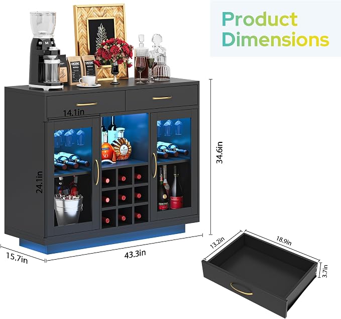 knoworld Wine Bar Cabinet with LED Lights, Coffee Bar Cabinet with Glass Rack - Image 2