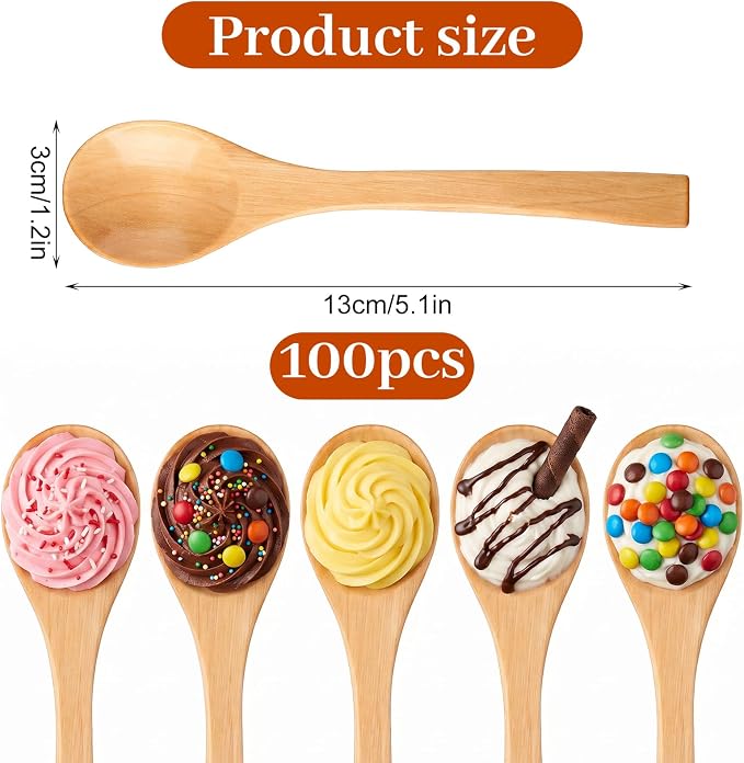 100Pcs Small Wooden Spoons 5.1x1.2in Natural Birchwood Mini Round Stirring - Image 2