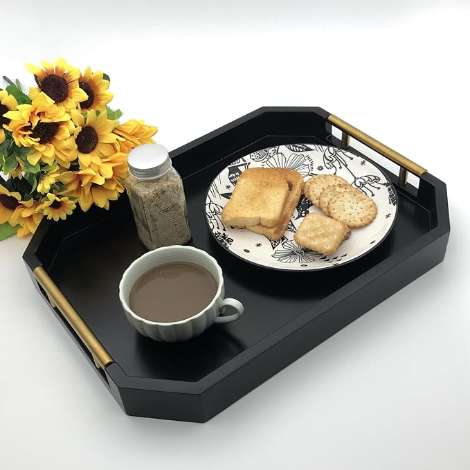 Serving Tray with Polished Metal Handles, Hexagon Coffee Table Tray, Modern - Image 7