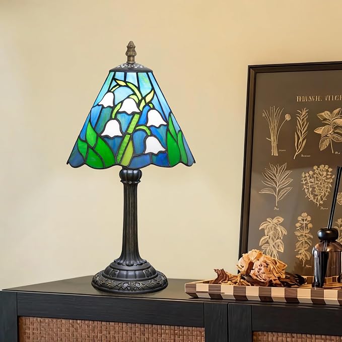 Tiffany Lamp Stained Glass Table Lamp Lily of The Valley 8X8X14 Inches Living - Image 6