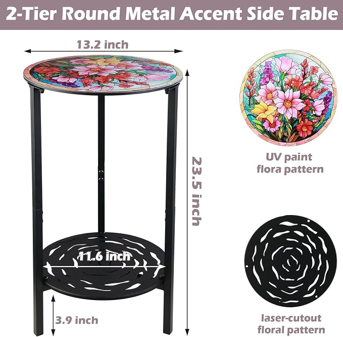 2-Tier Metal Round Side Table Accent Coffee Tables Small Space Corner Plant - Image 3