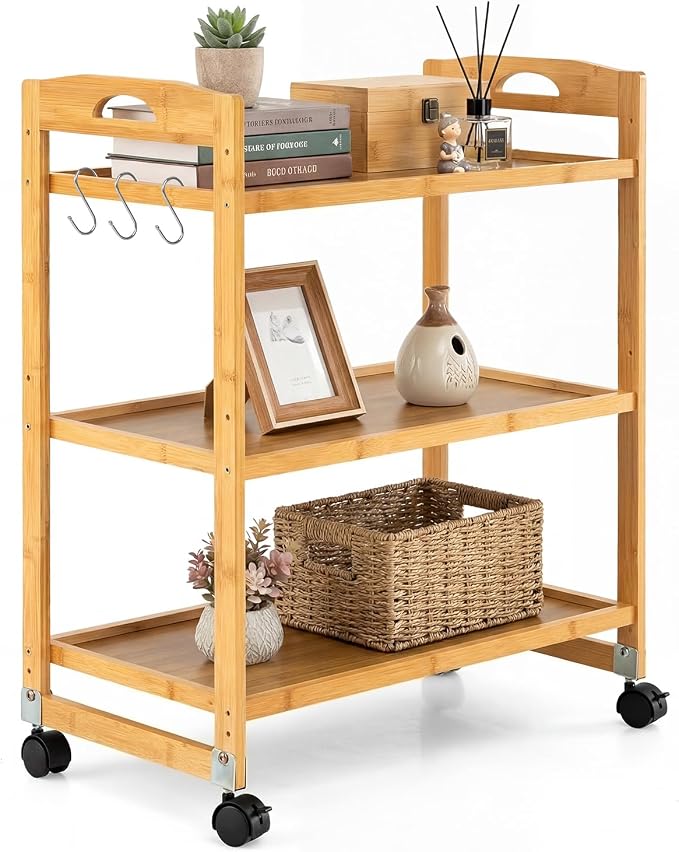 Giantex 3-Tier Rolling Storage Cart, Bamboo Utility Cart w/ 3 Side Hooks & by Giantex
