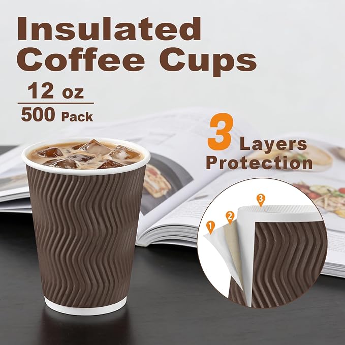 BYSNOW 500 Pack 12 oz Coffee Cups, Disposable Insulated Corrugated Ripple Wall - Image 2