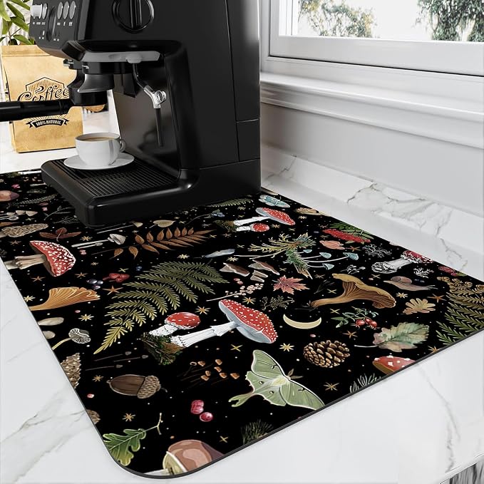 Mushroom Fern Leaves Berry Coffee Mat Dish Drying Mats by Wakasui