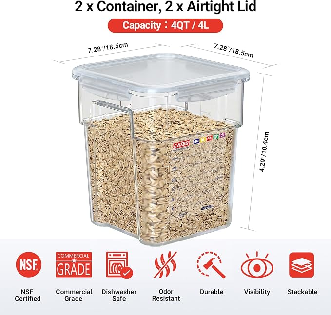 2 Pack 4 QT Airtight Commercial Food Storage Containers, Stackable - Image 2