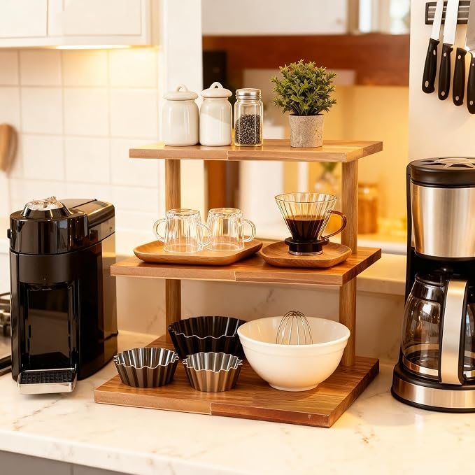 Upgraded Countertop Coffee Station Organizer, 3 Tier Wooden Shelf - Image 3