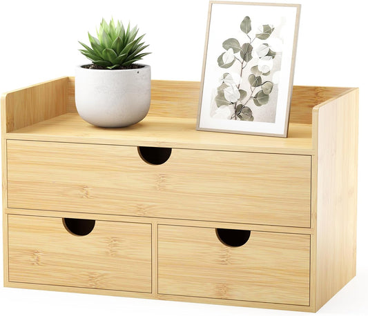 Bamboo Desk Organizer with Drawers Small Desktop Drawers for Countertop Mini Tabletop Storage Container with Drawer for Home Office No Assembly Required