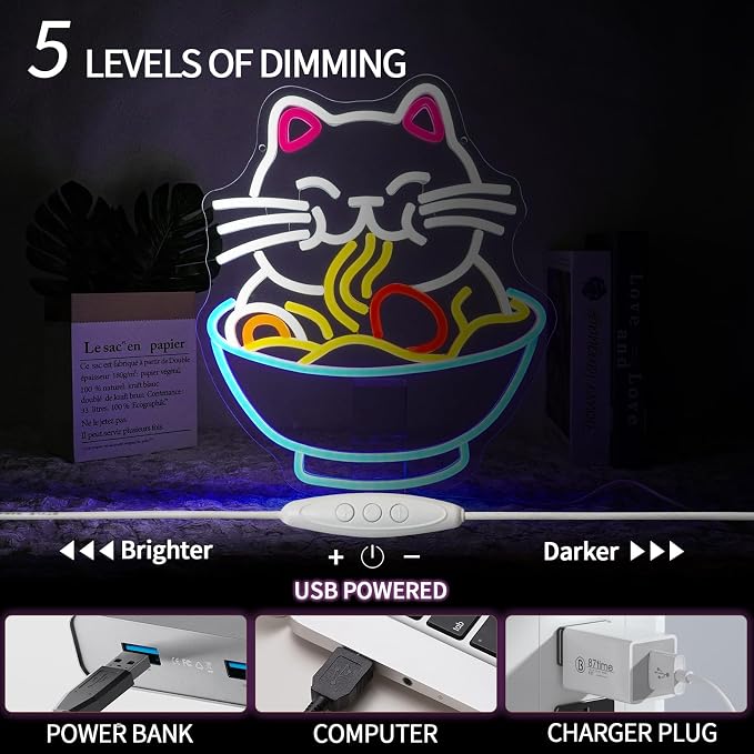 Fortune Cat Ramen Neon Sign Dimmable Lucky Cat Neon Light Sign - Image 4
