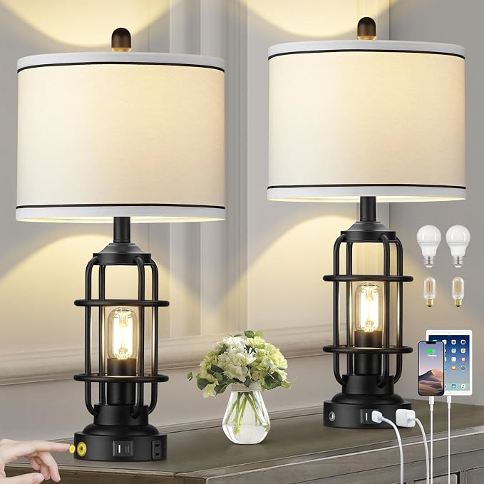 Modern Table Lamps Set of 2, Industrial 3-Way Dimmable Bedside Lamp - Image 8