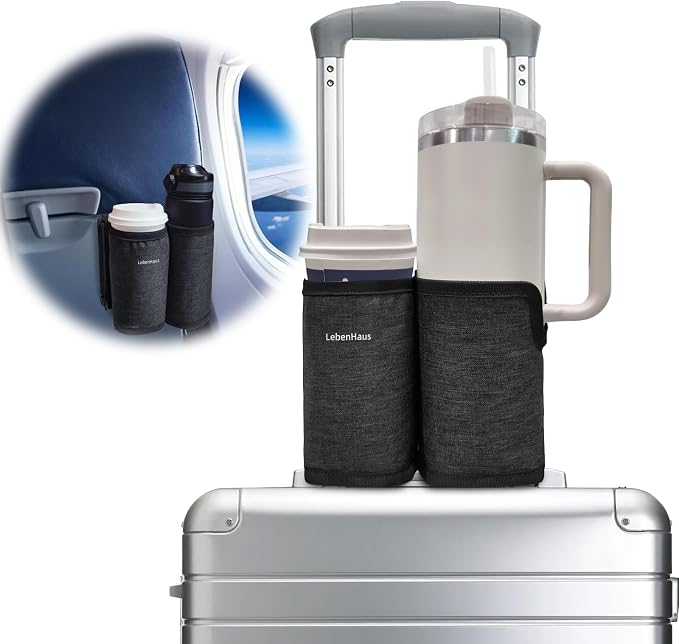 2 in 1 Luggage Cup Holder for Suitcase|Airplane Tray Table Carry on Hands Free by LebenHaus