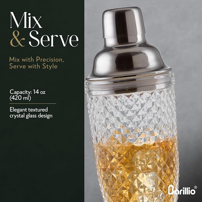 Barillio Glass Cocktail Shaker Set | 14 oz Cobbler Mixer - Image 3