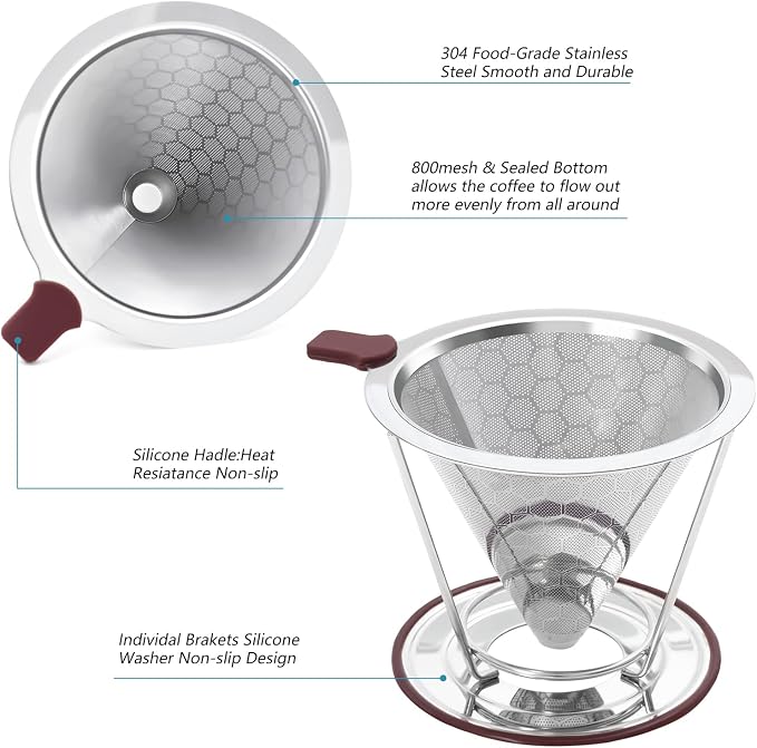 Pour Over Coffee Dripper Stainless Steel Coffee Filter Metal Cone Filter - Image 2